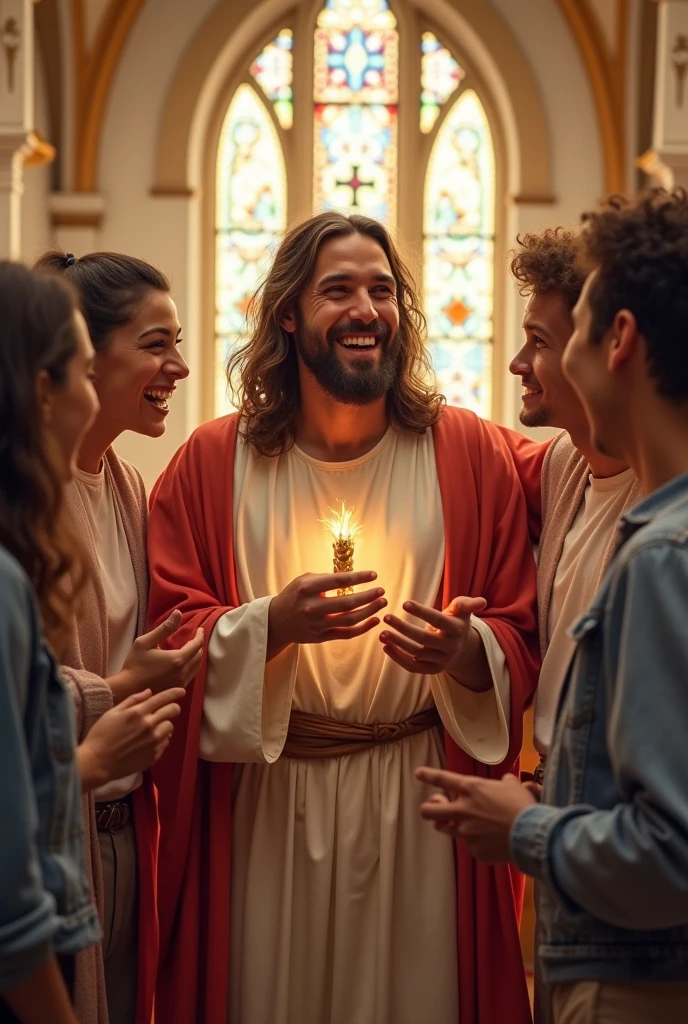 Jesus Christ laughing with a group of young Catholics near Our Lady of Graces
(Photo for T-shirt)