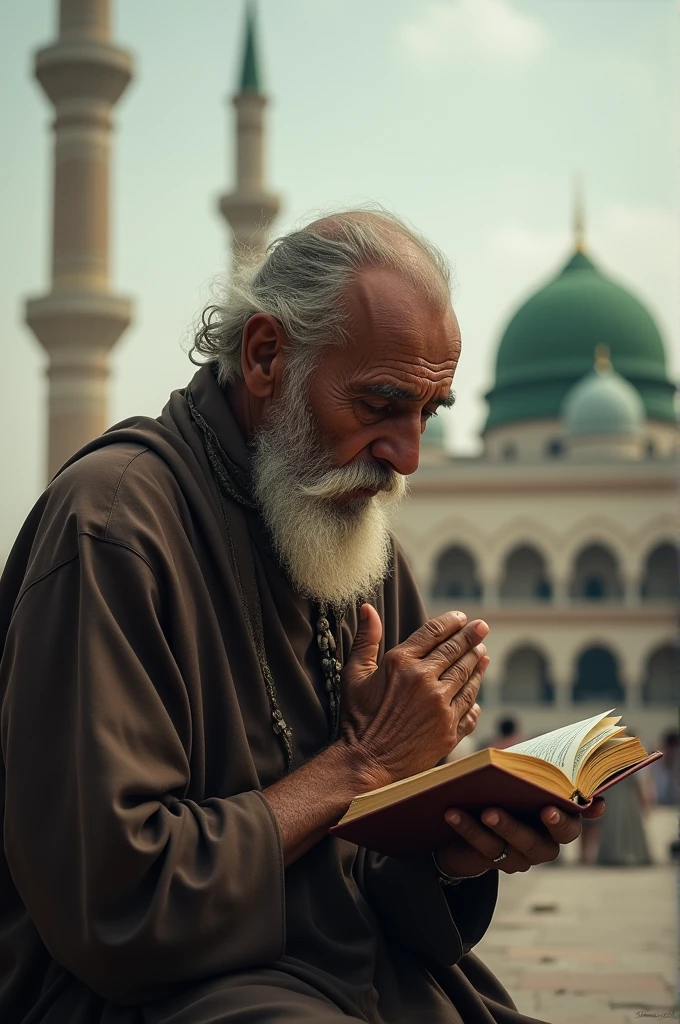 A poor old man is crying in Makkah and holding a book of Holy Quran in front of him