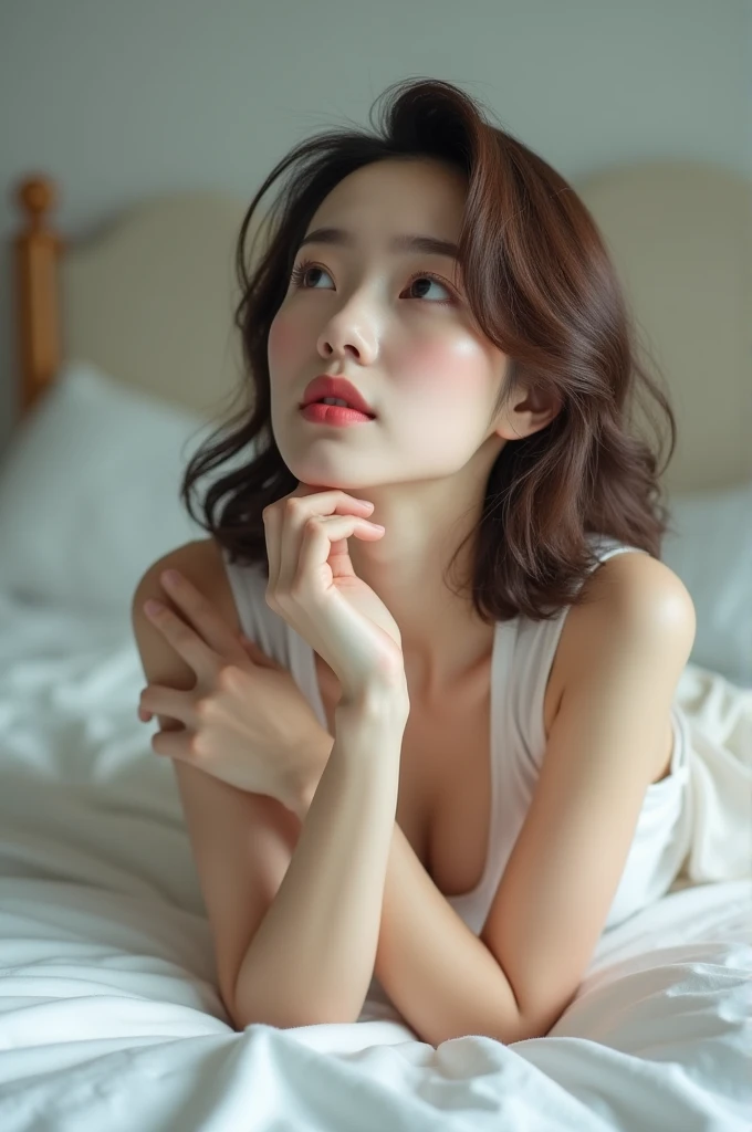 45-year-old woman、Beautiful Japanese Women、Full Body Shot、Brown bob hair、Lying down、White and beautiful skin、the background is a simple white bed、look up、Big nipples and big boobs、Perfect Fingers、She has a youthful body
