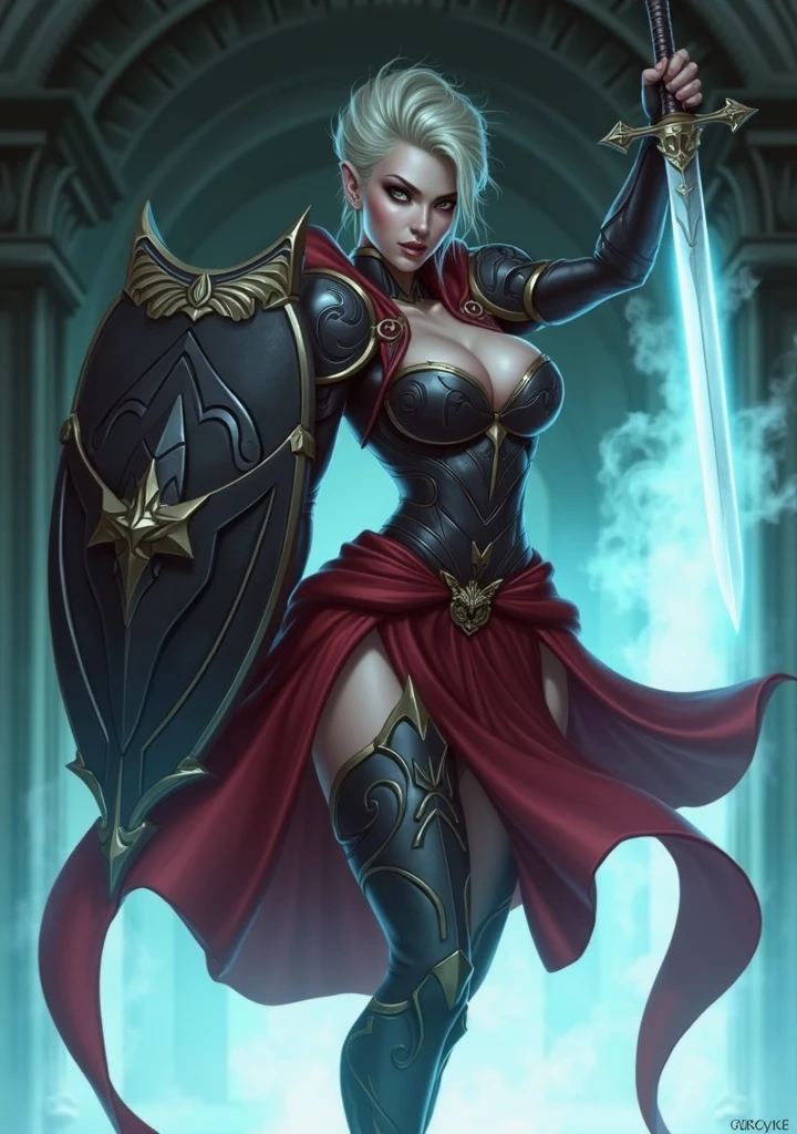 a close up of a demoness holding a sword and shield, by Exekias, ares with heavy armor and sword, inspired by Exekias, mike deodato jr, he-man with a dark manner, joe gb fenton, by Eddie Mendoza, greek goddess in mecha style, inspired by Mike Deodato, holding her trident