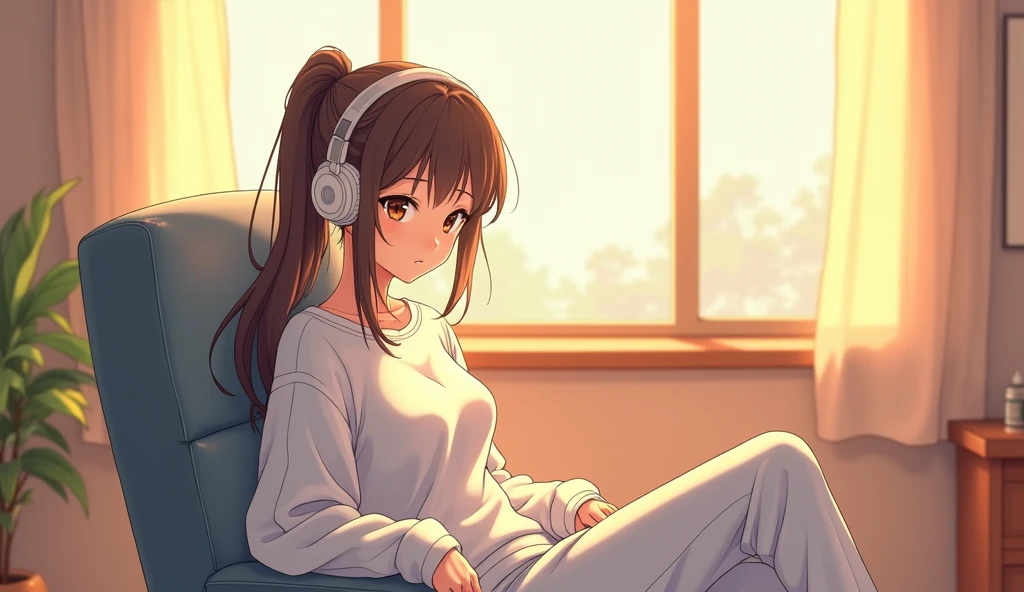 morning、Listen to music in the room、Sit on a chair、high school girl、Big Breasts、 relax、White sweatshirt、ponytail、Use headphones, Bright environment、2D-style animation, Lo-Fi、Retro、Anime style illustrations、Line art with clear outlines