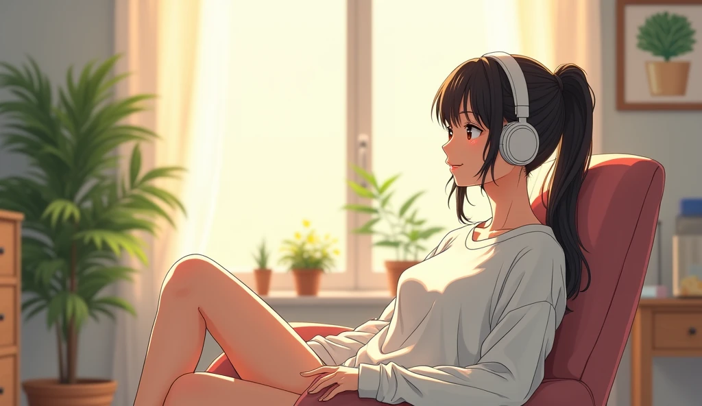 morning、Listen to music in the room、Sit on a chair、high school girl、Big Breasts、 relax、White sweatshirt、ponytail、Use headphones, Bright environment、2D-style animation, Lo-Fi、Retro、Anime style illustrations、Line art with clear outlines