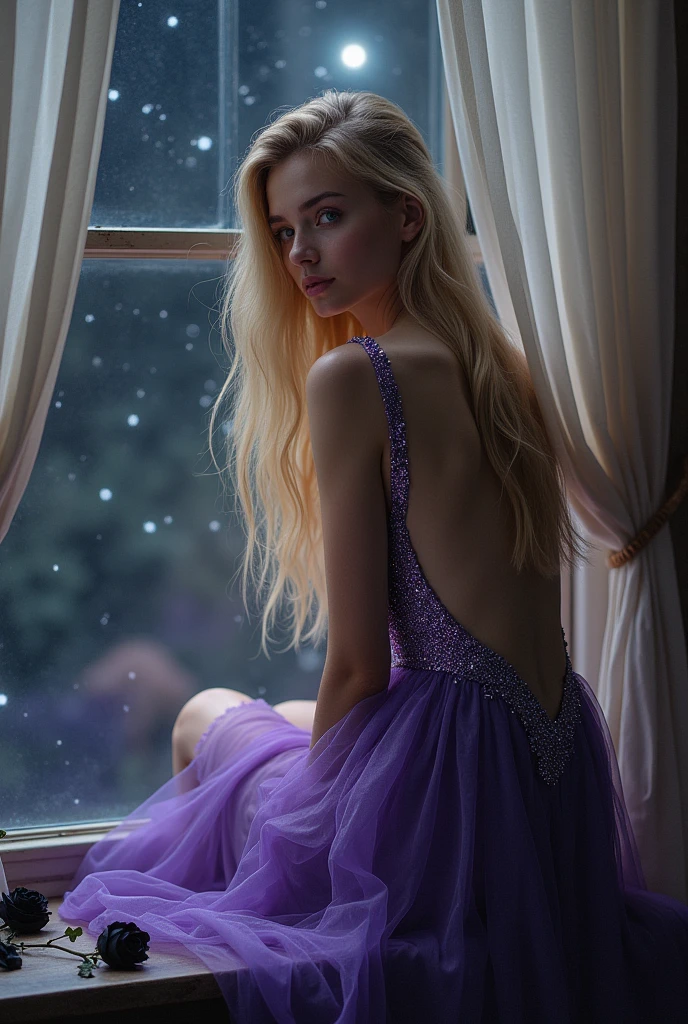 a beautiful girl, wearing a sparkling purple backless dress, with scars of angel wings on her back, sitting on the window, black background, many stars, window curtains, black roses She tilted her face 1/3, 2m long hair Blonde, facing back