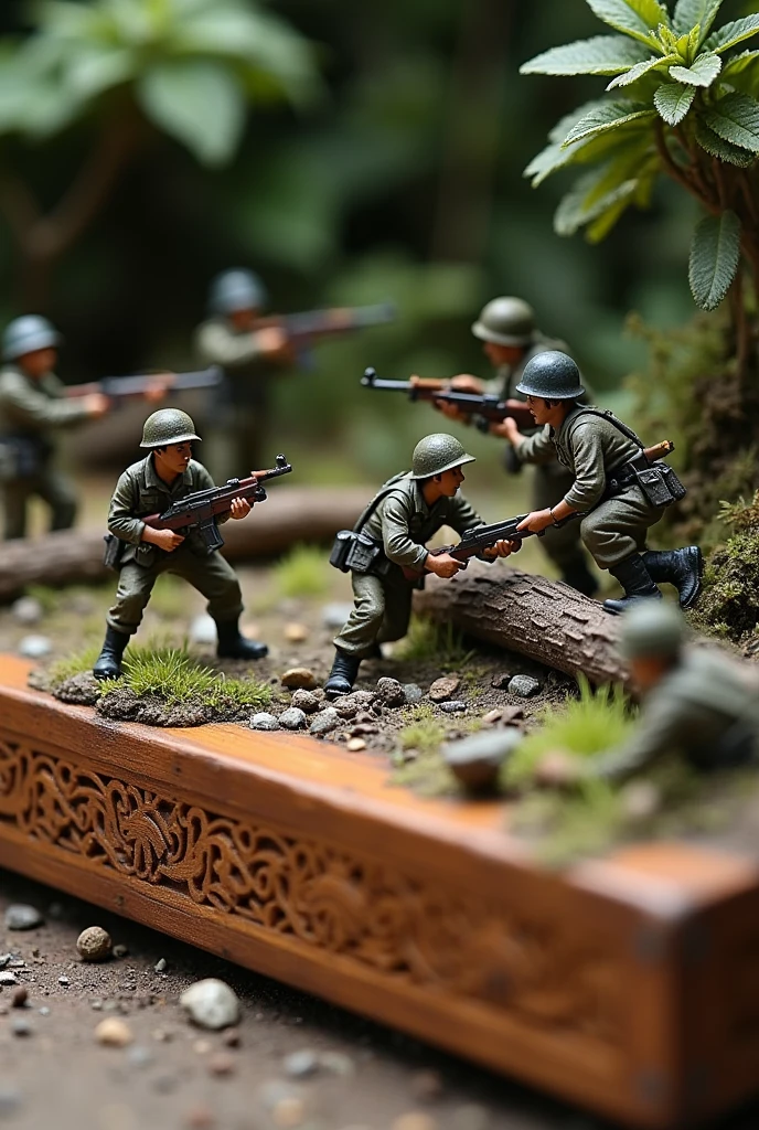 Army miniature diorama on the Wooden base/lining. There's Malaysian army and japanese army