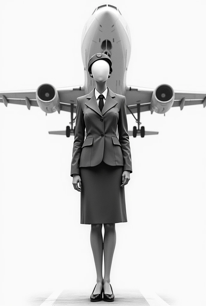 flight attendant, no eyes, no nose, no tongue, standing, wearing a flight attendant uniform, with an aircraft behind her back, black and white, pencil sketch draft