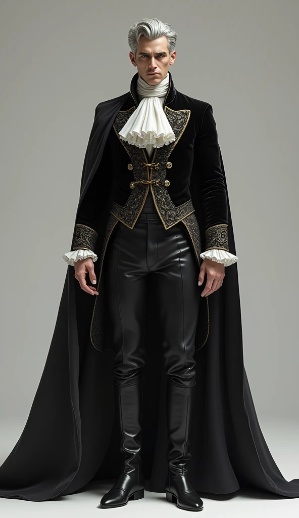 ((best quality,4k,highres,masterpiece:1.2)),((character concept art)), 1 male, 50-year-old French aristocrat, majestic and fearsome look, ((intricate detail)), super finely detailed hands, ultra finely detailed fingers(((ten fingers))), embodying an aura of power and elegance, tall, lean body, gray hair, wearing modern aristocratic attire - velvet doublet, ruffled collar shirt, hose, and riding boots. His gaze is commanding and intense, reflecting his high status and formidable character, (standing majestically), ((full body showcase)), ((show full body)), (no logos on background), (no logo), ((plain background)), ((plain background)), (((empty background))).