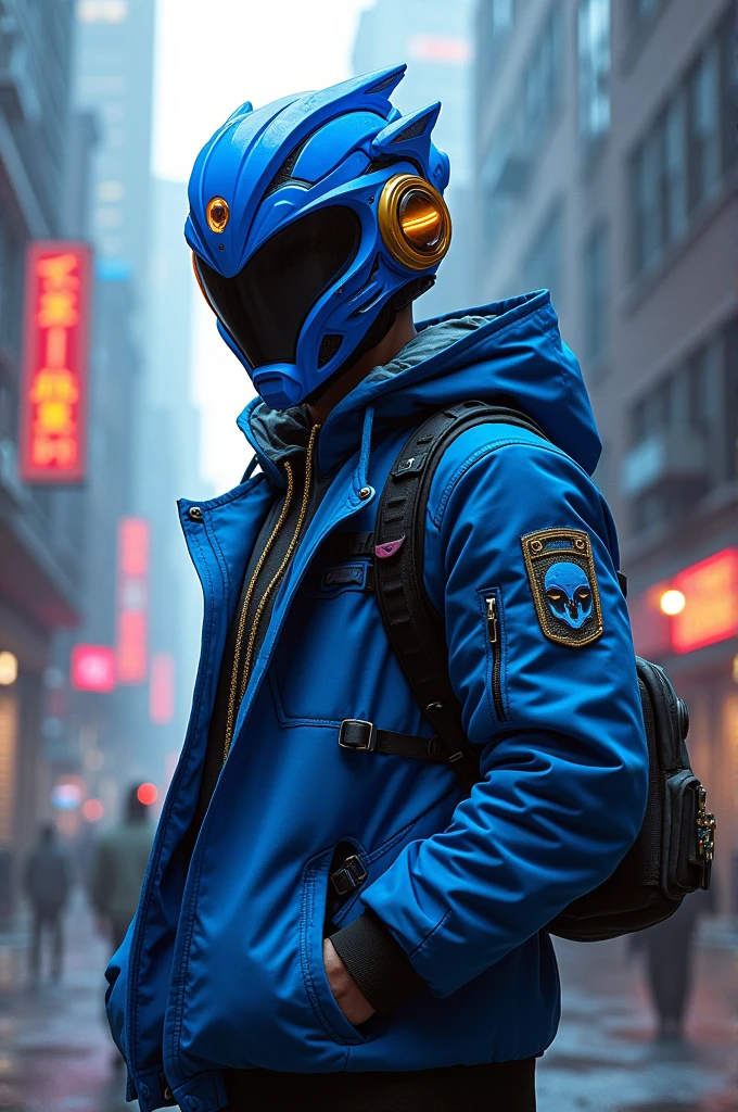 Hip-hop character with blue ranger helmet 
