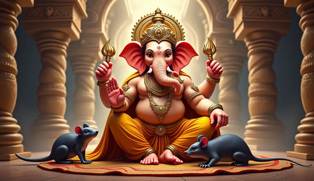 Lord Ganesh, leg near rat, near lord Murugan