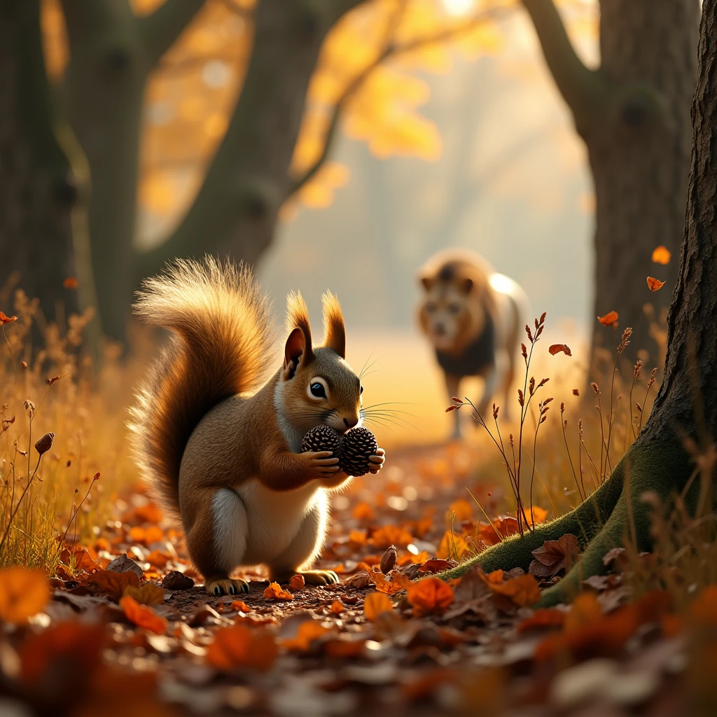 a cute squirrel collecting pine cones in an autumn forest covered in fallen leaves, a lion stalking in the distant tall grass, detailed realistic landscape, vibrant autumn colors, natural lighting, high quality, cinematic, photo-realistic