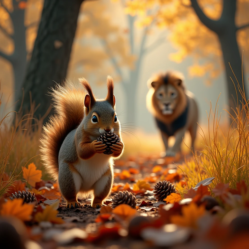 a cute squirrel collecting pine cones in an autumn forest covered in fallen leaves, a lion stalking in the distant tall grass, detailed realistic landscape, vibrant autumn colors, natural lighting, high quality, cinematic, photo-realistic