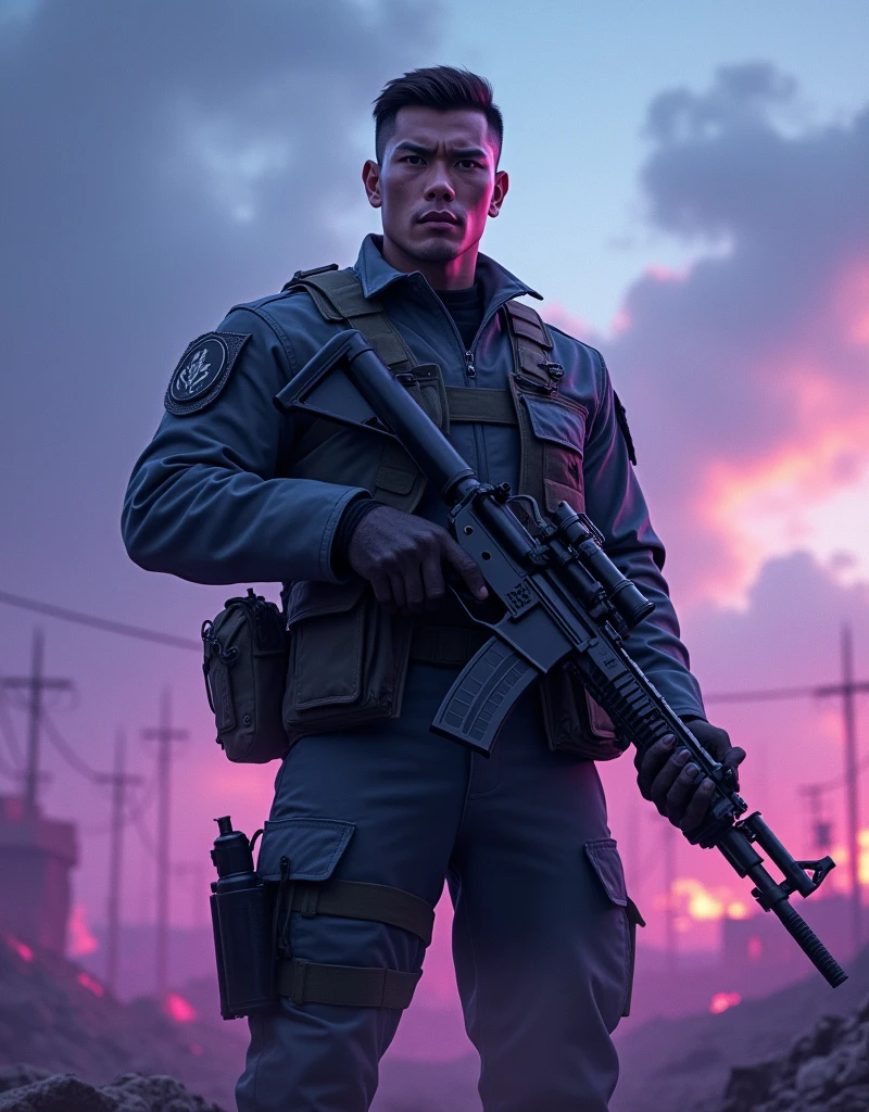Brutal, handsome Thai male soldier crew cut brown hair,  wearing dark blue fatigue uniform , rifle, standing in front of purple war zone, blue sky in the morning, purple atmosphere 