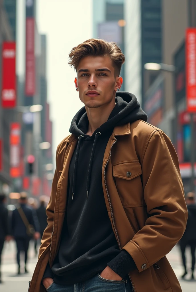 A young man Style look in day City on i phone look camara