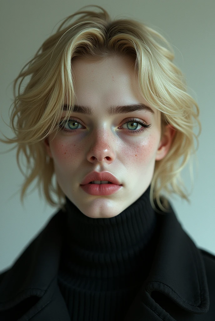 A male character 27 year old has blonde fluffy hair passed till jawline ,green eyes with blue hint,has a small but noticeable scar on right eyebrow,has mole under his lips,has pale face ,has big siren eyes,has mature and serious look,plump lips
with an arrogant smirk.The character is russian has no beard.Has feminine look
Generate me an image upto neckline.Dont make the jawline too wide and please add a mole under the lip