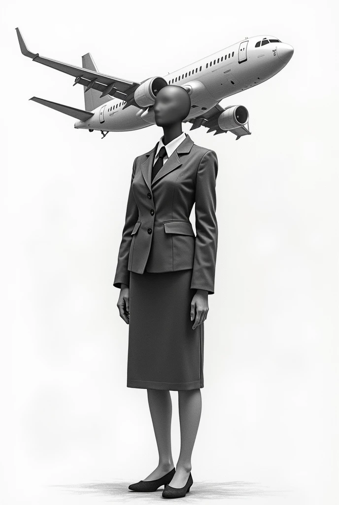 flight attendant, no eyes, no nose, no tongue, standing, wearing a flight attendant uniform, with an aircraft behind her back, black and white, pencil sketch draft