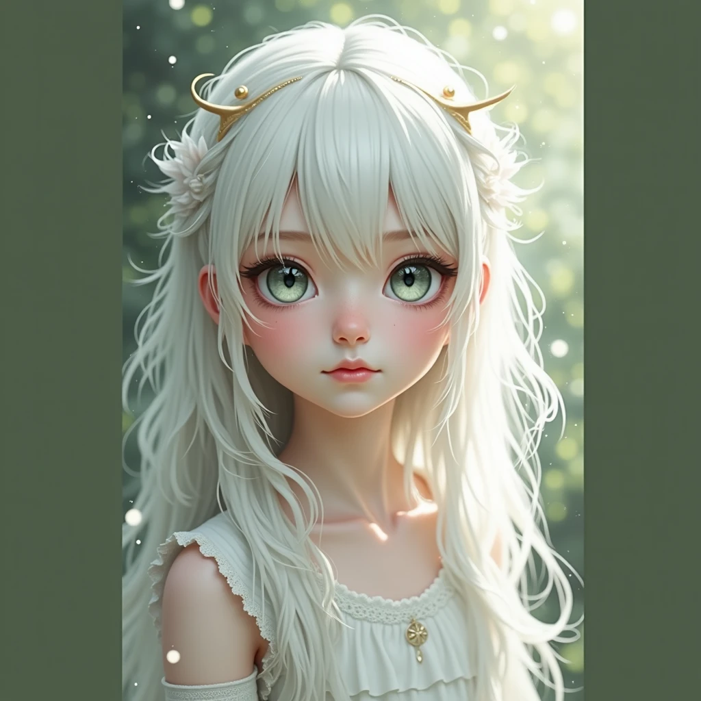 beautiful girl. white and flawless skin. White hair, long and semi-wavy. bicolor eyes, one gray and one green. surreal art