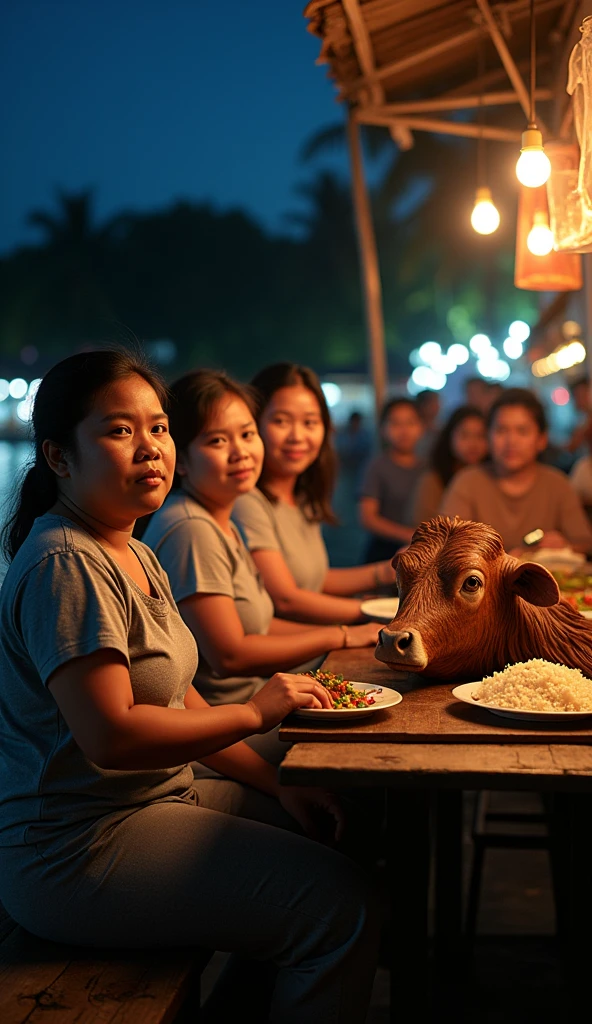 6 beautiful Indonesian women who are a bit fat, loose hair, big nose, wear a shirt, long pants, sit down, all faces facing the front camera, and on the table there is a big cow's head on a plate and rice, location at the riverside stall, beautiful night atmosphere, many people, ultra details, minim diffect, realistic, 8k quality image
