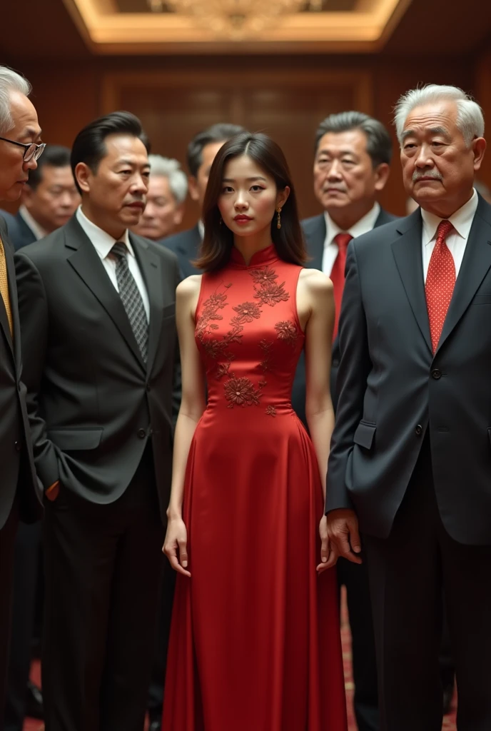 18 year old sexy Korean girl wearing silky Chinese traditional dress qipao, surrounded by rich old fat men