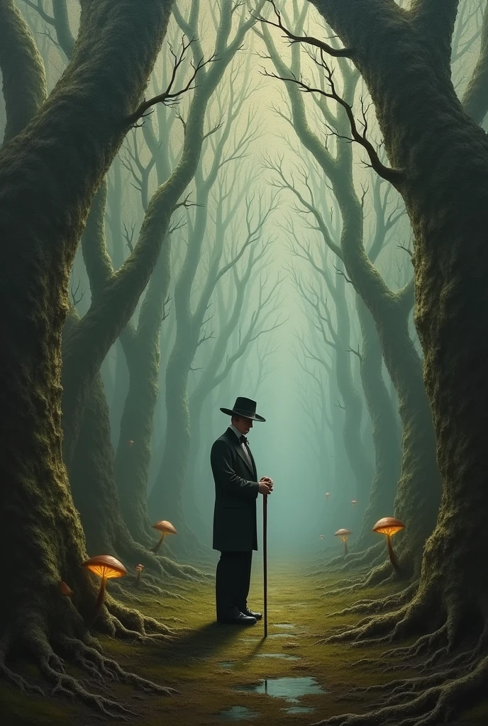 a painting of a man with a cane and a hat standing in a forest, by Christophe Vacher, inspired by Carl Spitzweg, tomas kinkade, inspired by Brian Despain, by Gediminas Pranckevicius, surreal gediminas pranckevicius, artstyle zdzisław beksinski