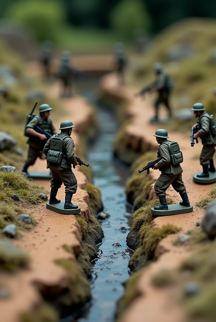 Army miniature diorama on the Wooden base/lining. There's Malaysian army and japanese army, There is a ditch there