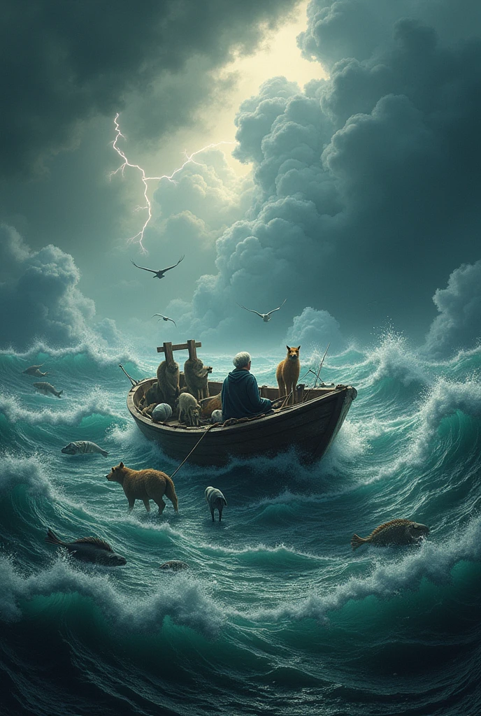 Illustration Idea: Depict a stormy sea with Pi on a lifeboat, surrounded by the animals.