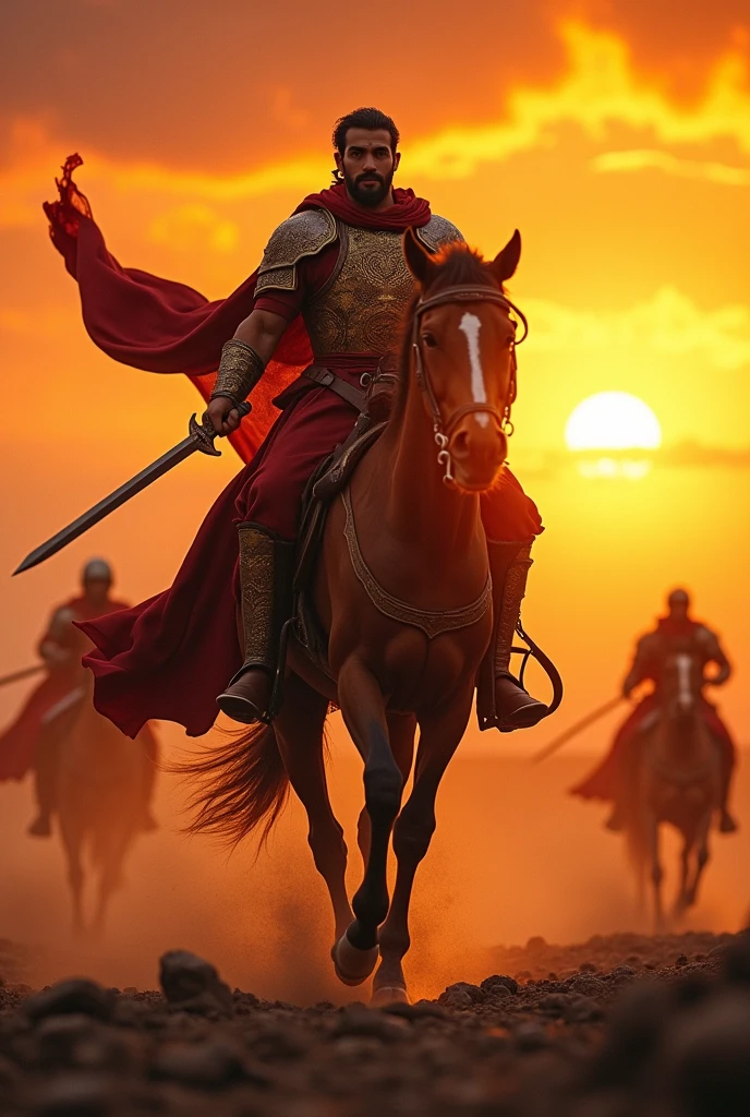 Create an image of an arab 21 year old guy on horse in armour with sword fighting with sunset in background
