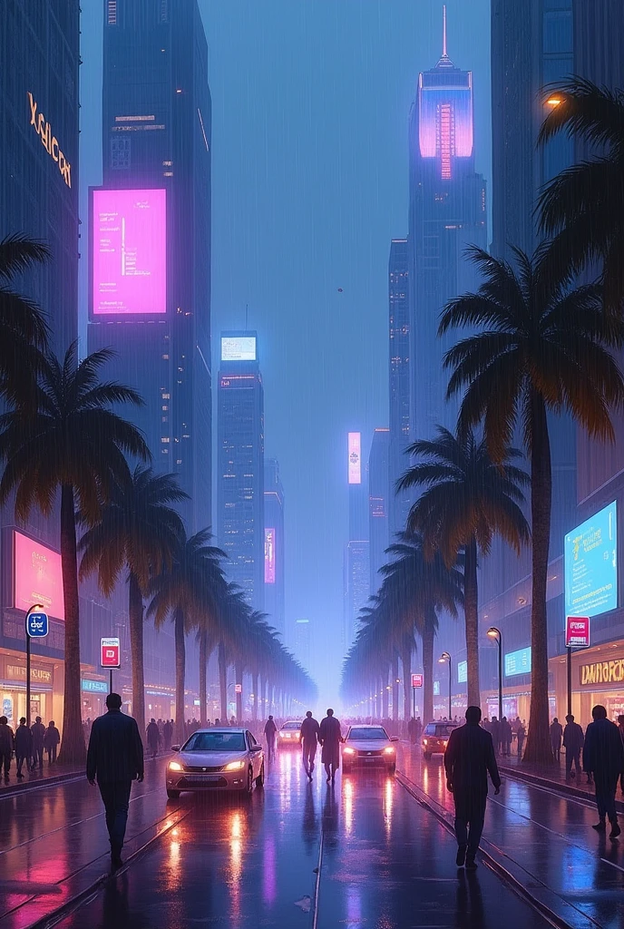 Oil painting of a futuristic street,india, tall buildings in a distance,bright purple and blue lights, billboards, people walking on footpath, and cars on the street. Night time, raining, very realistic, very less palm trees in the walk way.