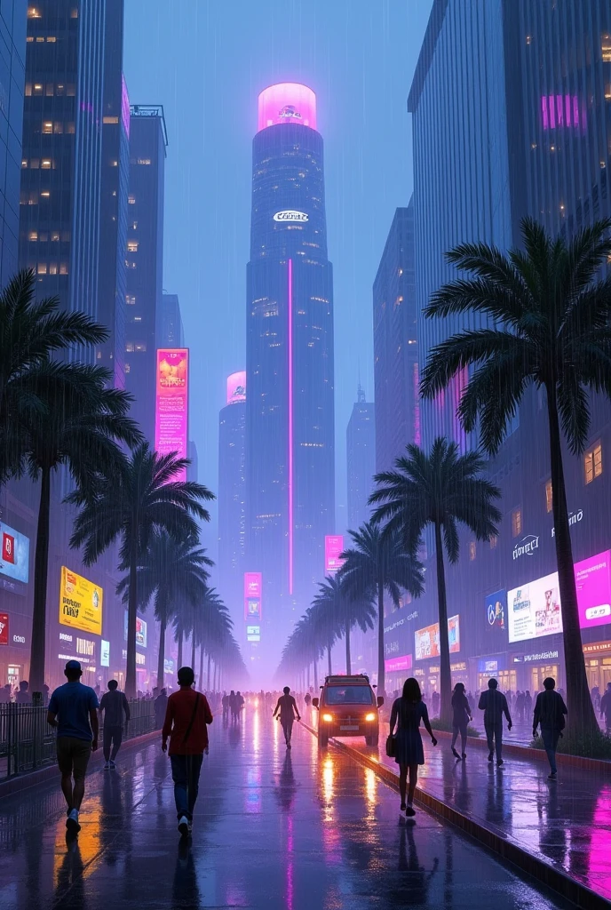 Oil painting of a futuristic street,india, tall buildings in a distance,bright purple and blue lights, billboards, people walking on footpath, and cars on the street. Night time, raining, very realistic, very less palm trees in the walk way.