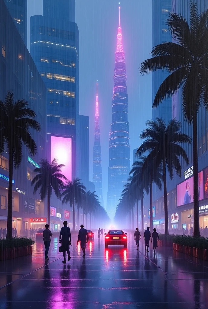 Oil painting of a futuristic street,india, tall buildings in a distance,bright purple and blue lights, billboards, people walking on footpath, and cars on the street. Night time, raining, very realistic, very less palm trees in the walk way.