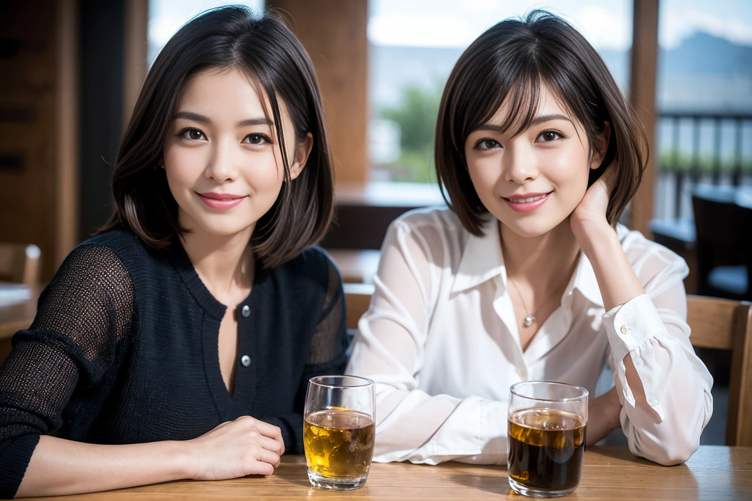((Highest quality、8k、masterpiece:1.3))、slimカップル、modelカップル、(Realistic, Intricate details:1.2), full-course dinner、Whiskey bottle and glass on table、Single Malt、scotch、Rocks glass、Shot Glass、on the rocks、Scotland、Amazing view of the sunset sky and clouds、A bright smile、The wonderfulness of smile、 Beautiful Face, blue eyes, The light shines on your face, blush, short hair,Bright Face、 (Age 37), 3,Two beauties、Brown Hair、Shortcuts、Long sleeve shirt、dress、Beautiful woman 1, (slimな顔), (The body is slim), (Brown Hair), (Shortcuts), cheeks turn a little red,Attractive beauty、restaurant, In a prominent place (From the waist up) Nova Frog Style, actress, model, Upper Body, White wine, slim, smile, (smile: 1.15), Beautiful fine grain, Depth f/2,saturation, High Contrast, Strong light and shadow,Moist Body:1.5、3D texture、Delicate eyes、Brown Hair、The hair is very shiny、
