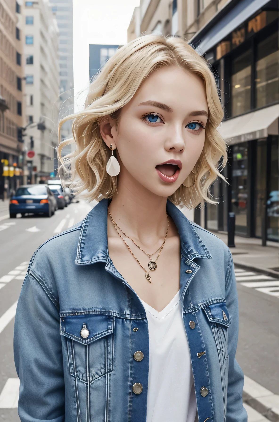 Neat and clean Caucasian woman、、short hair、Blonde Hair、blue eyes、Wavy Hair、、Denim jacket、shirt、Please open your mouth a little、View your viewers, Earrings, necklace, _background,City street work underway