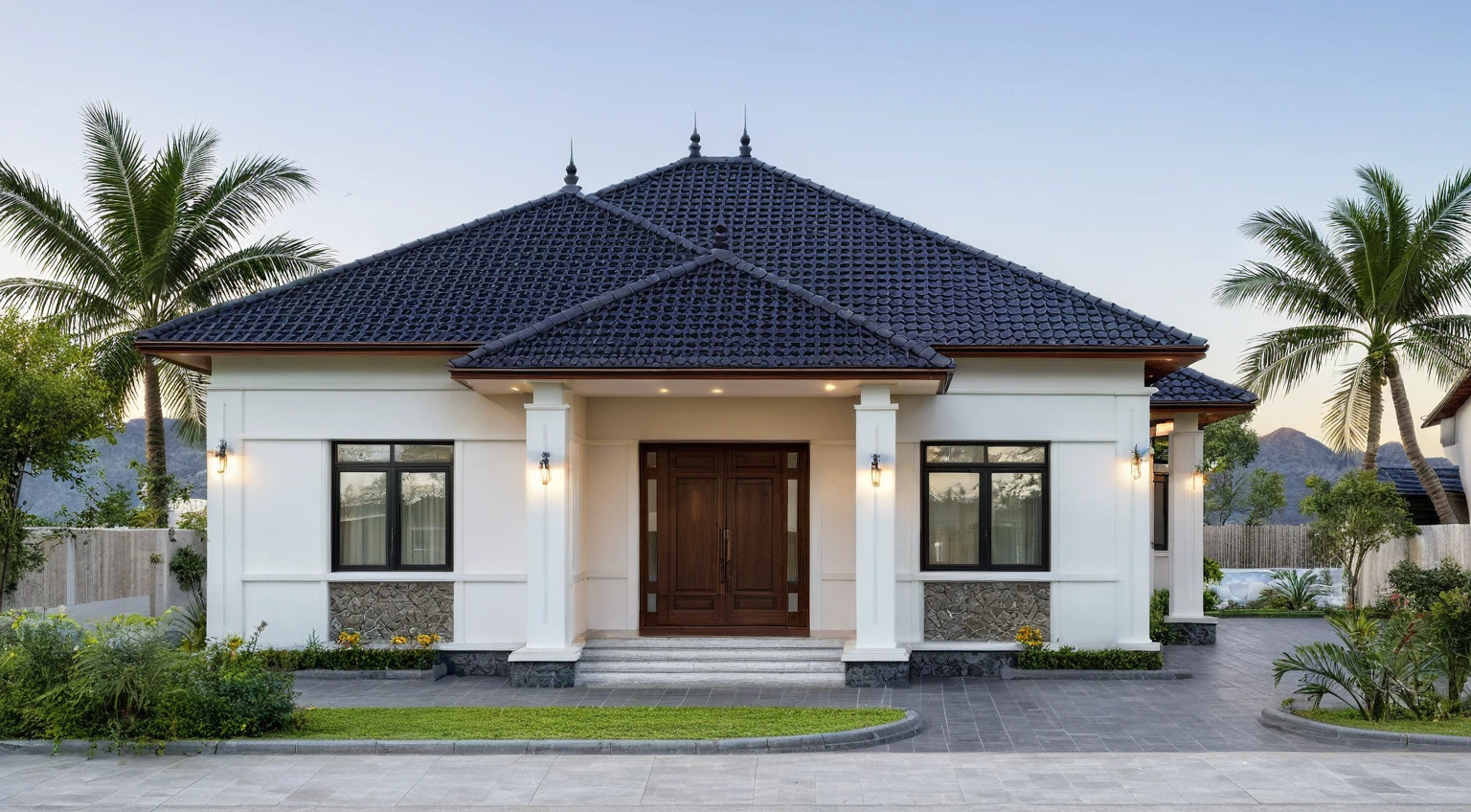 1 story modern villa, slope roof , white wall, streetcapes, wooden ceiling, dark cladding stone, black frame door, steel main door, road front, morning clear sky lighting, lush greebary, palm tree,