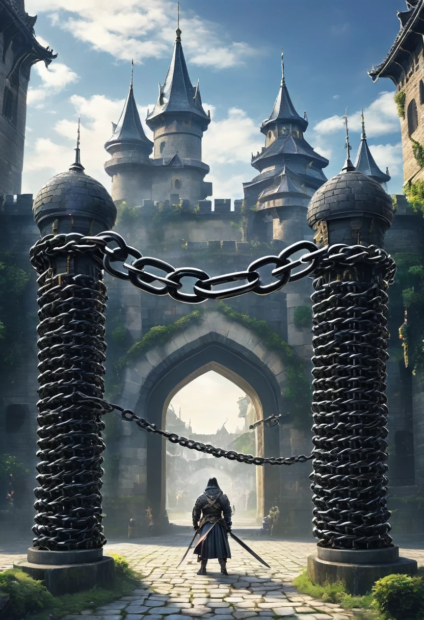 (Chain:1.5), Chain World. A world made of Chain. Chain随处可见, Castle covered in Chain, bound in Chain. link sword, prisoners in Chain. Chain l Chain Planet, Founded in the Middle Ages, Gothic style, giant Chain, 