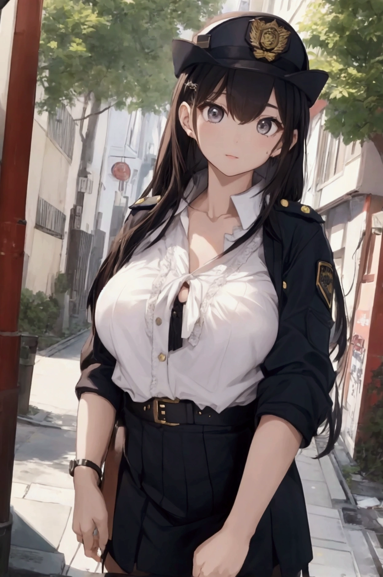 (ultra highres、ultra quality、Masterpiece、8k、),A girl with light hair drawn in high resolution policewoman.japannse police woman、Young and cute 、Asian woman,s hot, Japanese Model, Cute Core, , Chubby 、(big breast)、Town、((Fluffy white blouse、I can see your chest、sexly))