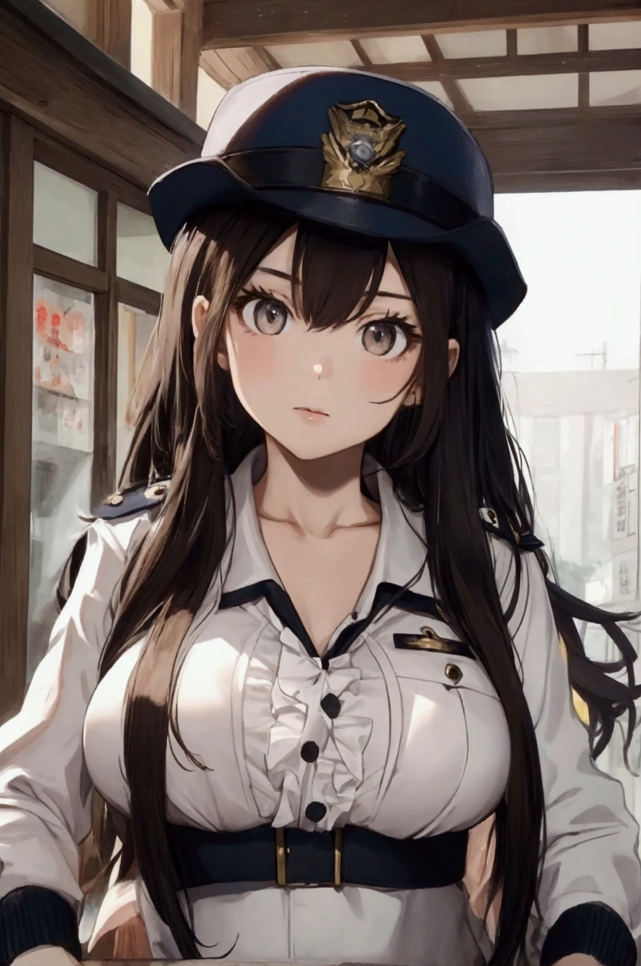 (ultra highres、ultra quality、Masterpiece、8k、),A girl with light  hair drawn in high resolution policewoman.japannse police woman、Young and cute 、Asian woman,s hot, Japanese Model, Cute Core,  , Chubby 、(big breast)、Town、((Fluffy white blouse、I can see your chest、sexly))