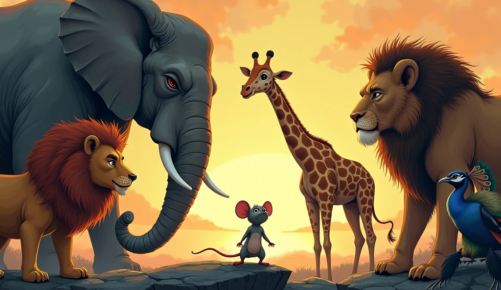 A dramatic, full-page illustration of Little Mouse standing
on the rock, his small size contrasting with the intensity of his expression as he
addresses a lion, elephant, giraffe, a peacock, and a monkey for a children's book