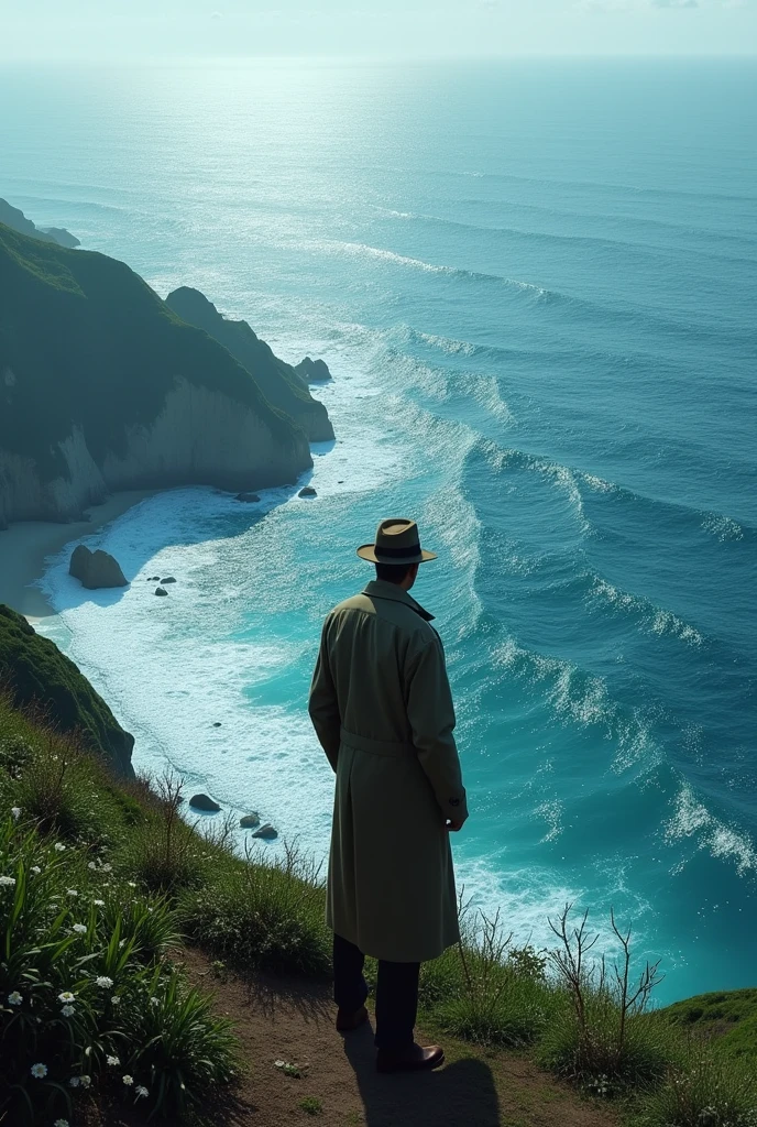 (photorealism:1.2), a detective standing on a edge of a hill near sea, colourful, blue deep sea
