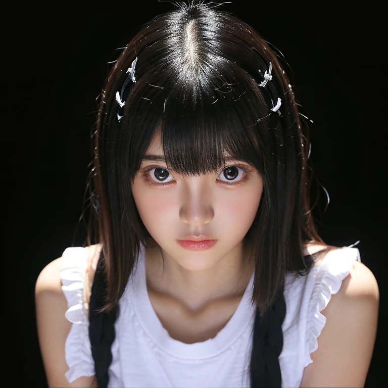 2Create an avatar、Highest quality,1 Cute Girl,Symbol-shaped pupil,Dark Room、Highest quality、High resolution、8K、Girly、whole body、Attention to detail、Shortcuts、Pure black hair color、RAW Photos、Very realistic、Mine Action Department、Front face、Standing posture、Realistic skin texture、Young