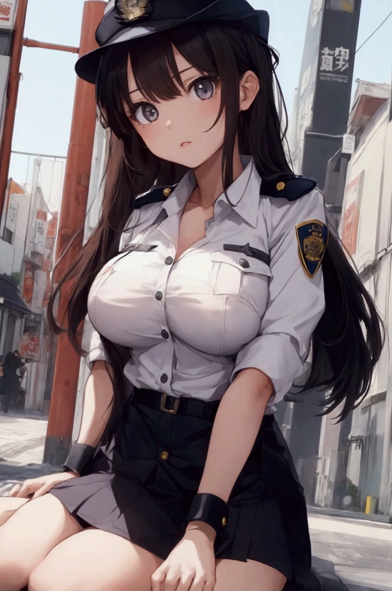 ((jacket lift、shirt lift、nsfw)),(big breasts:1.3、shiny skin:1.5、nipples are visible),(nipples peek:1.1), (police uniform, female police officer、police hat pantyhose、panties), Make her want to kiss you, View from the Viewer, cleavage, cityscape, flirty look, ((very detailed)), (perfectly detailed face), (well detailed hands) photorealistic images、from below