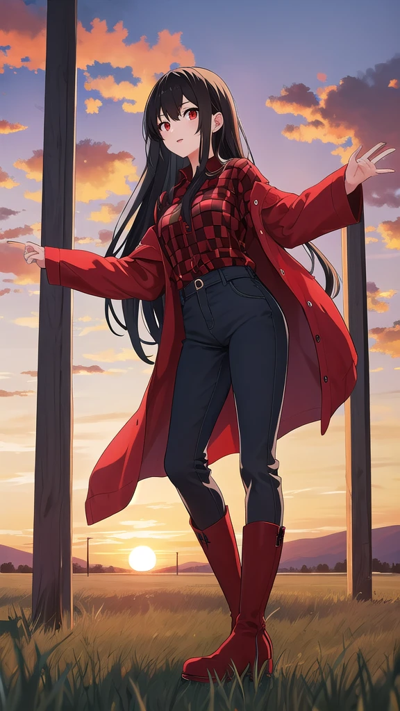 Young woman, high, god, black hair, Red eyes, solo, One, costs, field, sunset, checkered shirt, Red shirt, pants, red knee-high boots, looking at the viewer, 8k, red boots,