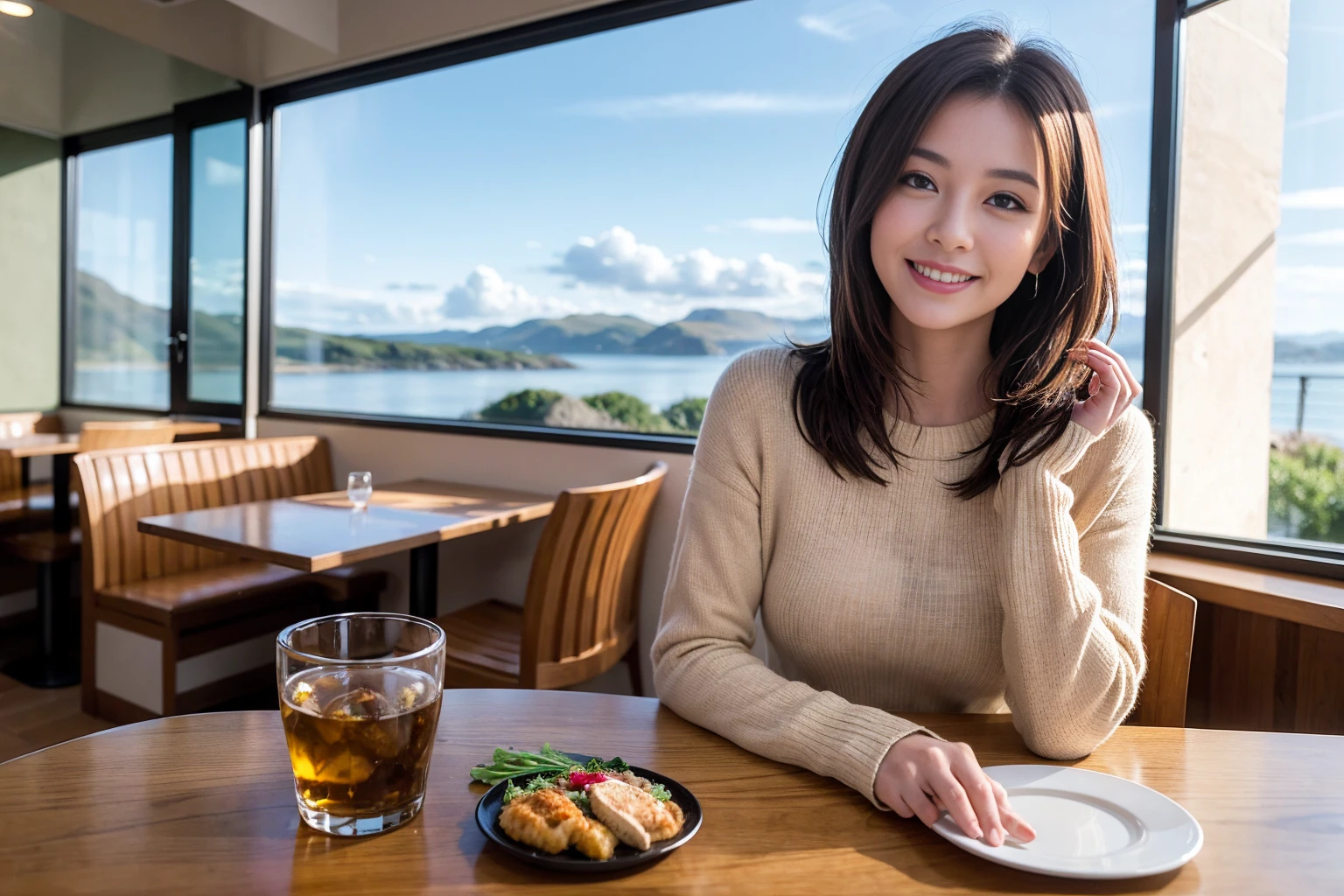 ((Highest quality、8k、masterpiece:1.3))、slimカップル、modelカップル、(Realistic, Intricate details:1.2), full-course dinner、Whiskey bottle and glass on table、Single Malt、scotch、Rocks glass、Shot Glass、on the rocks、Scotland、Amazing view of the sunset sky and clouds、A bright smile、The wonderfulness of smile、 Beautiful Face, blue eyes, The light shines on your face, blush, short hair,Bright Face、 (Age 37), 3,Two beauties、Brown Hair、Shortcuts、Long sleeve shirt、dress、Beautiful woman 1, (slimな顔), (The body is slim), (Brown Hair), (Shortcuts), cheeks turn a little red,Attractive beauty、restaurant, In a prominent place (From the waist up) Nova Frog Style, actress, model, Upper Body, White wine, slim, smile, (smile: 1.15), Beautiful fine grain, Depth f/2,saturation, High Contrast, Strong light and shadow,Moist Body:1.5、3D texture、Delicate eyes、Brown Hair、The hair is very shiny、