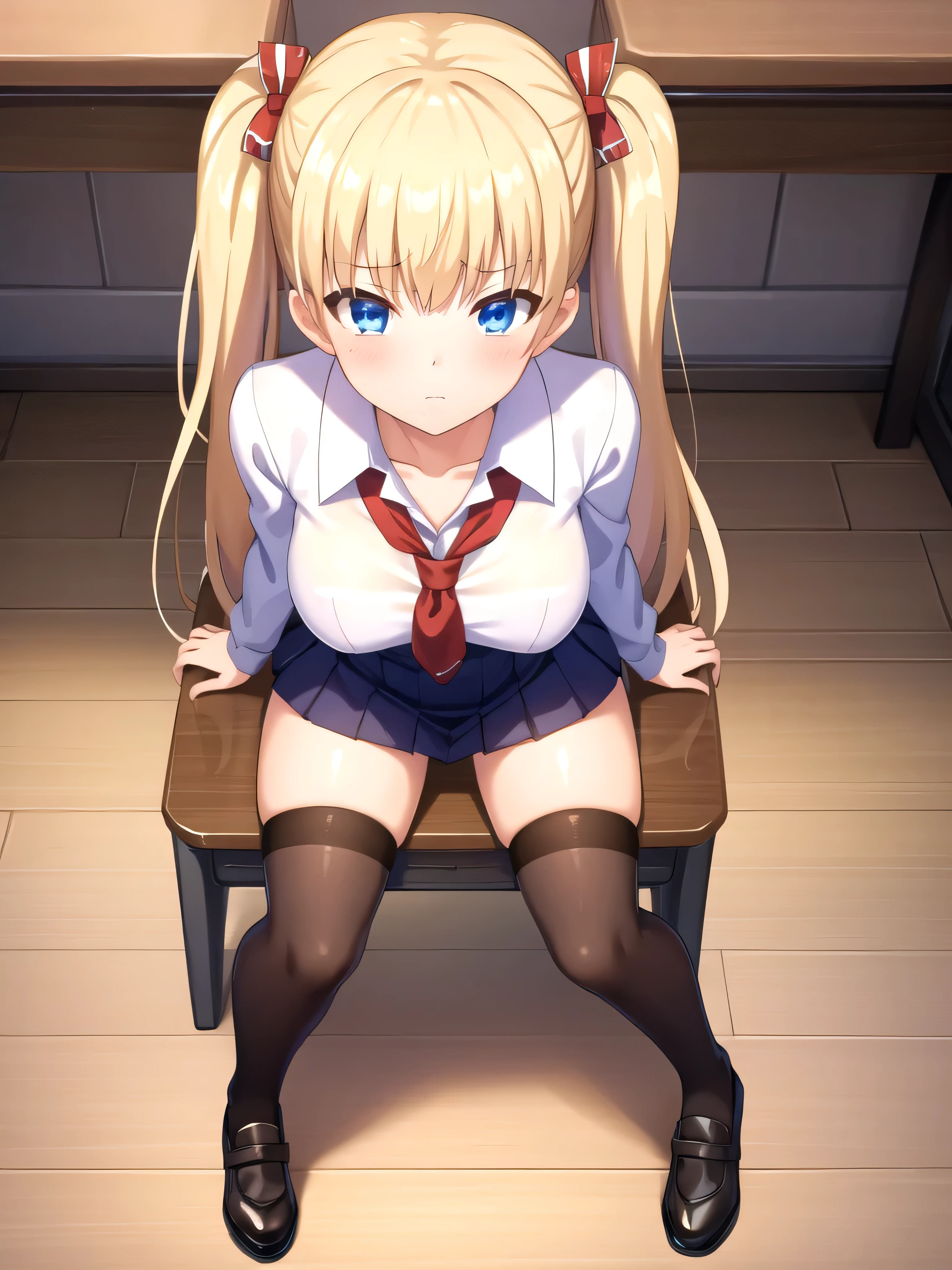 (masterpiece, Best Quality:1.2), absurdities, perfect anatomy, owtech, stylized, 1 girl, full body, looking at the viewer, blunt bangs, Focus only, Soft lighting, (blue eyes), blonde hair, very long hair, twintails, Airi Akizuki, medium breast, sexy school uniform,thighhighs, sitting on a table in a school uniform