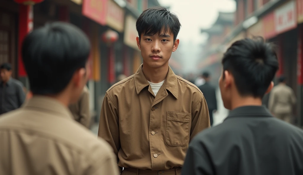 In 1930s, A short hair handsome and moral young man of Asian descent, dressed in the brown clothes without button in the middle instead put on over to the left side like to button, without a collar, featuring long sleeves, a plain design, and made from a lightweight and cheap material was seen visting people.