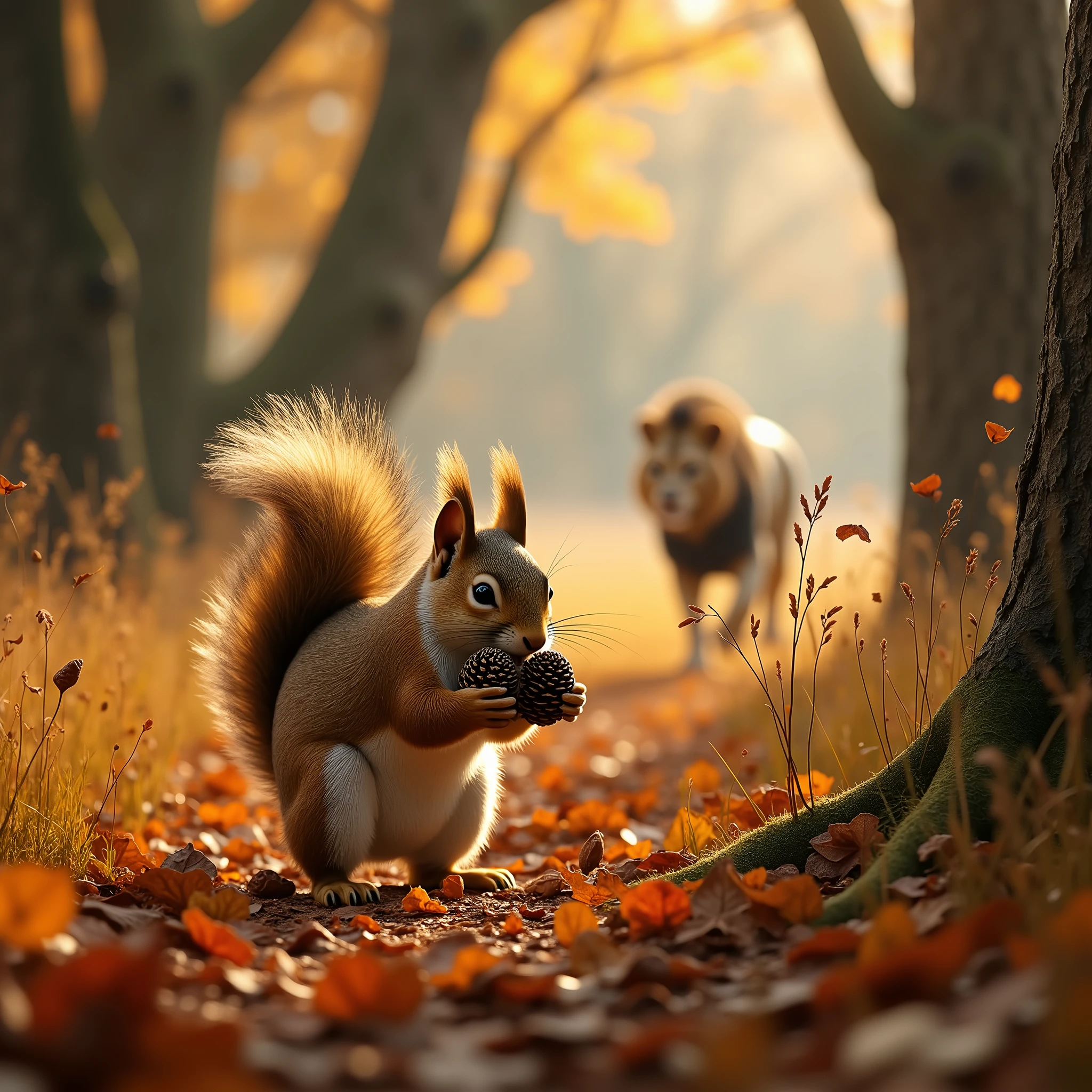 a cute squirrel collecting pine cones in an autumn forest covered in fallen leaves, a lion stalking in the distant tall grass, detailed realistic landscape, vibrant autumn colors, natural lighting, high quality, cinematic, photo-realistic