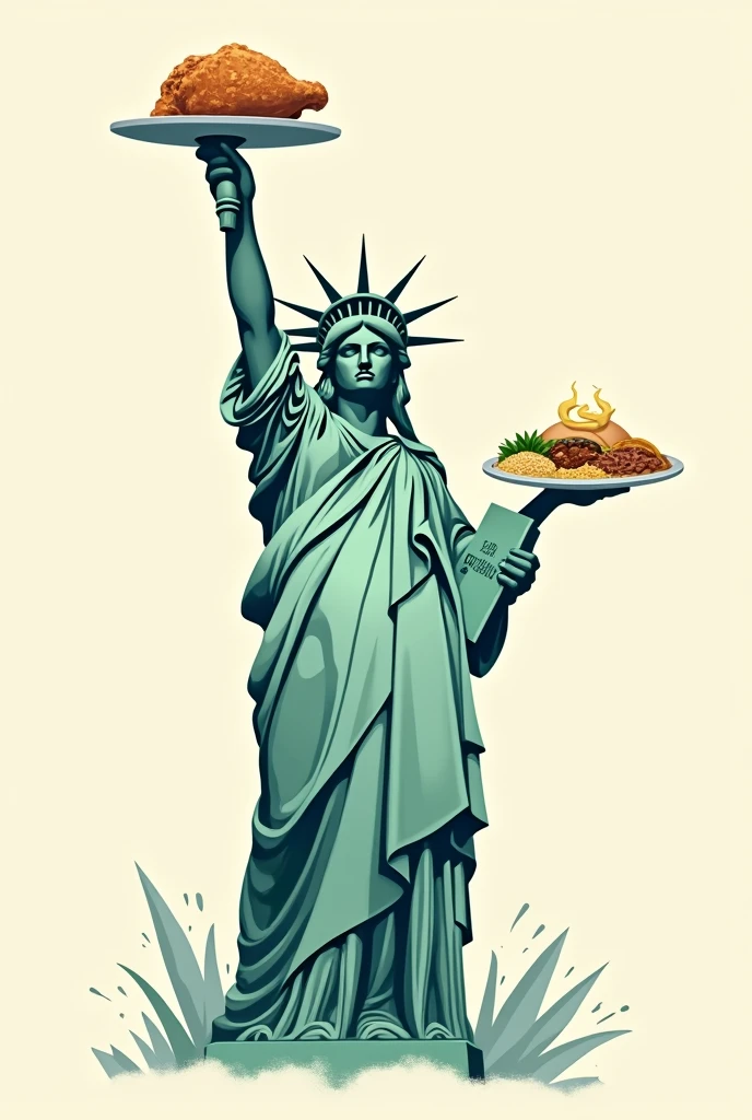 The Statue of Liberty with a chicken wing in her right hand and a plate of Mexican food in her left hand, drawing style for a logo