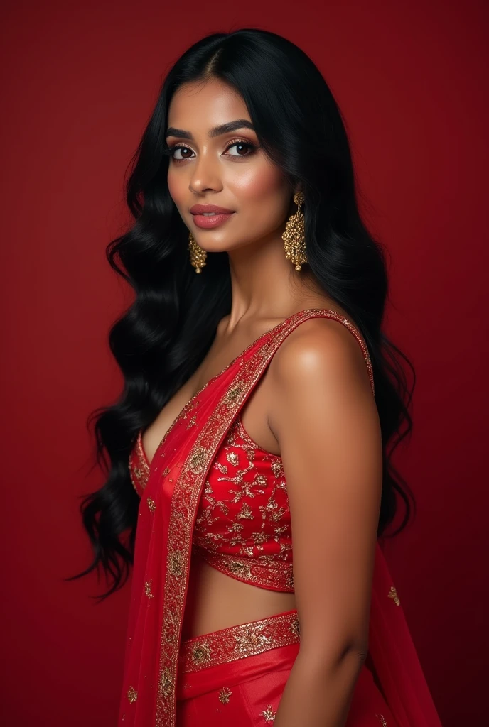 A closeup of a beautiful indian bride with big breasts (wearing translucent red wedding saree), fare complexion, portrait, long wavy black hair, hyper realistic, uncropped, low cut sleeveless bouse, attractive body features, solid color background, detailed face, deep cleavage, curvacious, perfect hand and fingers, unmatched beauty, designer lehenga and saree with glitters, simplicity and elegance of her look enhance her beauty amazingly, profession portrait photography, her bridal attire looks very premium and classy with modern touch, off the navel, lower neckline, she mesmerize anyone with her looks. perfect portrait, ((thigh high)), medium shot, 85mm, divine proportions.