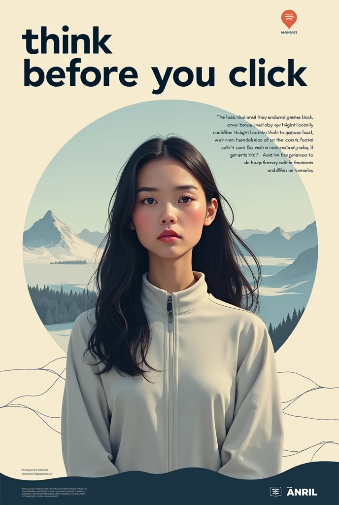 "Think before you click" very creative campaign poster with some quotes. Add the text and a quote with a computer and technology, girl.