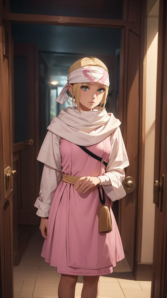 masterpiece), best quality, high resolution blonde 1girl bob cut medium hair standing alone cowl headband profile image looking at viewer beautiful eyes beautiful face extremely detailed pink clothing((( full body shot)))