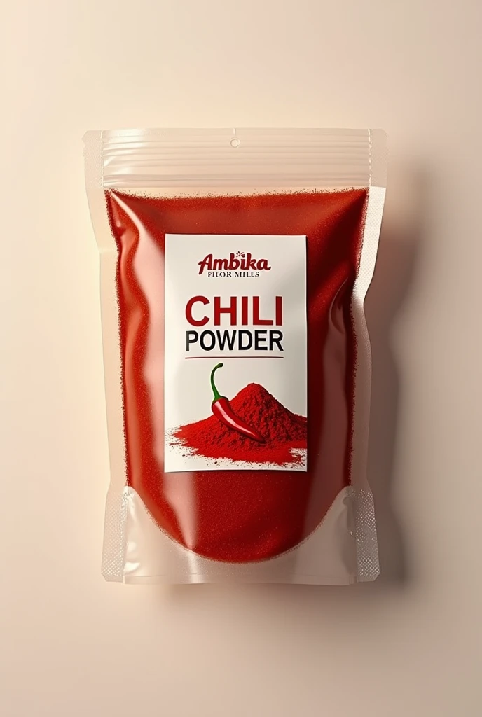 Plastic transparent package chilli powder with Ambika flour mills label 