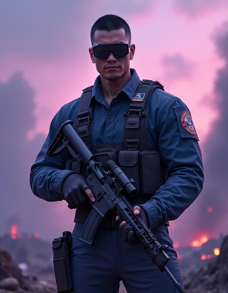 Brutal, handsome Thai male soldier crew cut brown hair, wearing goggles, dark blue fatigue uniform , rifle, standing in front of purple war zone, blue sky in the morning, purple atmosphere