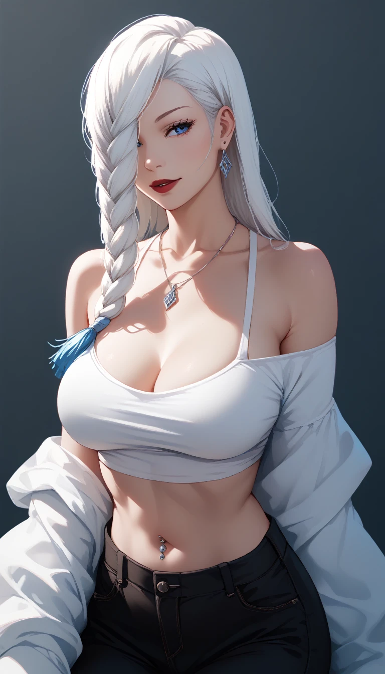 score_9, score_8_up, score_7_up, score_6_up, score_5_up, score_4_up, mei mei , blue eyes, white hair braid, large breasts, white off should crop top bare shoulders, necklace,long tassel earrings ,red lipstick , detailed eyes ,pants,navel piercing 